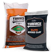 Two bags of clay products displayed side by side: an orange-and-white bag labeled 'Surface Athletics Professional Mound Clay' and a dark bag labeled 'Surface Elite Mound Clay,' shown against a light background.